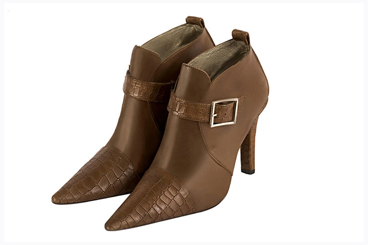 Caramel brown women's booties, with buckles at the front. Pointed toe. Very high slim heel - Florence KOOIJMAN